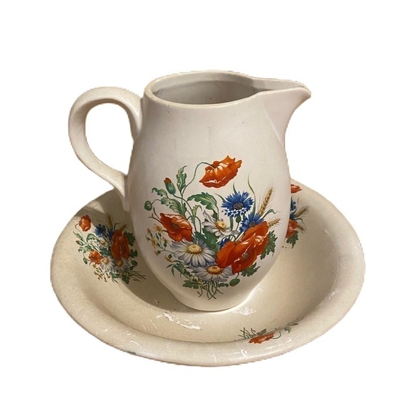 Vintage McCoy Pottery Floral Pitcher & Bowl Red White Blue Ceramic